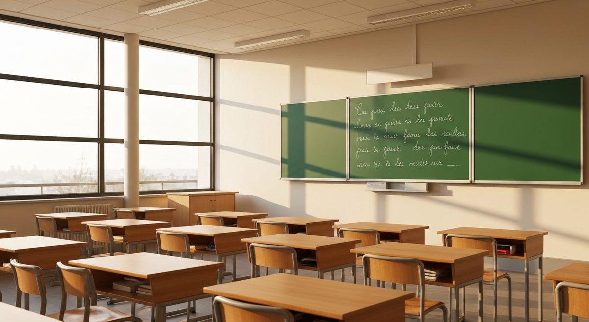 Salle de classe d'école primaire avec tableau et pupitres en bois