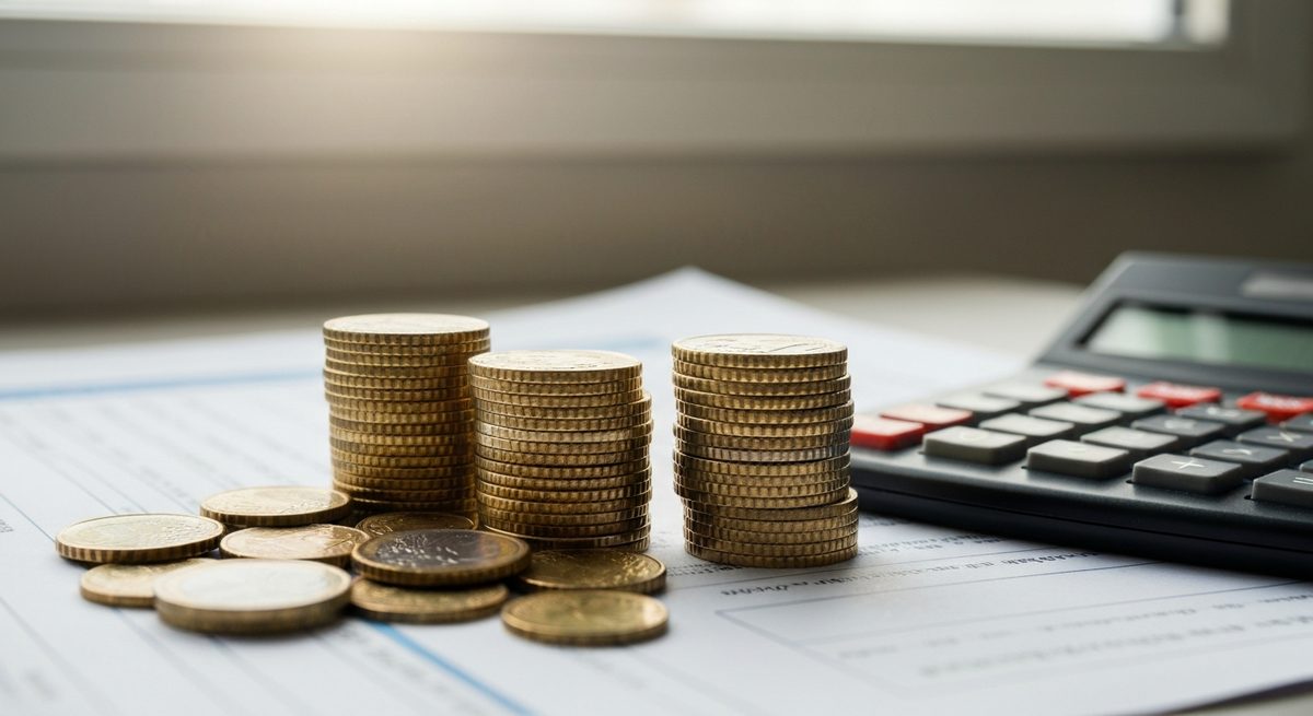Piles de pièces en euros et calculatrice sur des documents