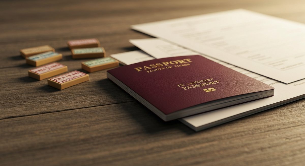 Passeport et tampons administratifs sur un bureau