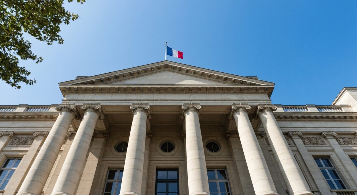 Façade de palais de justice à colonnes avec drapeau français